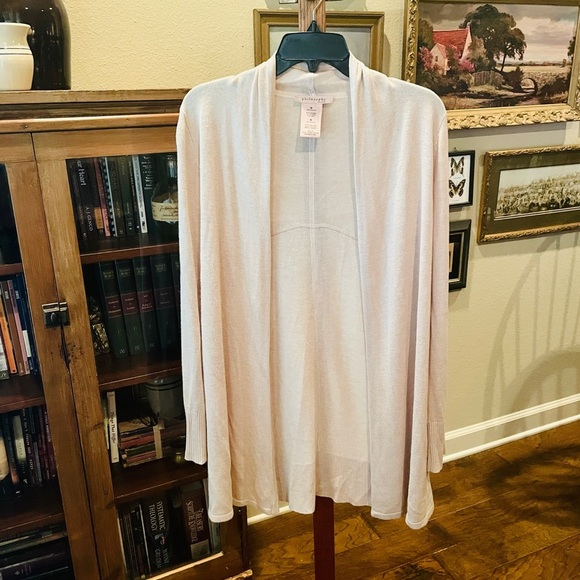 Philosophy long sleeve open front long cardigan sweater closet staple SZ M beige - Picture 2 of 8